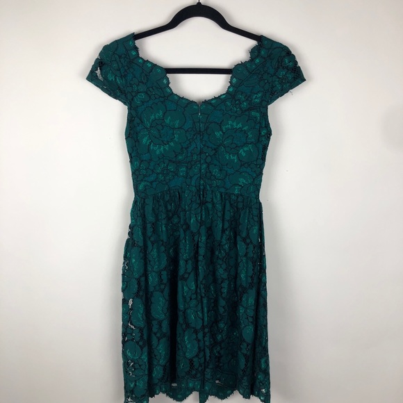 Betsey Johnson Floral Lace Cap Sleeve Dress Teal - Picture 6 of 6